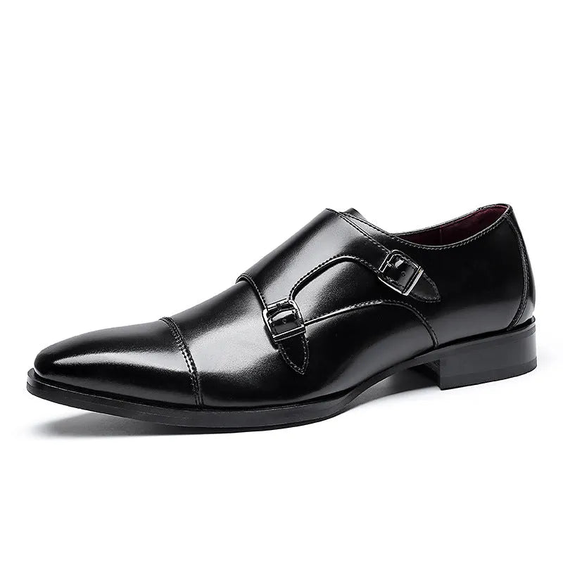 Men's black and light brown square toe leather business shoes with rubber soles