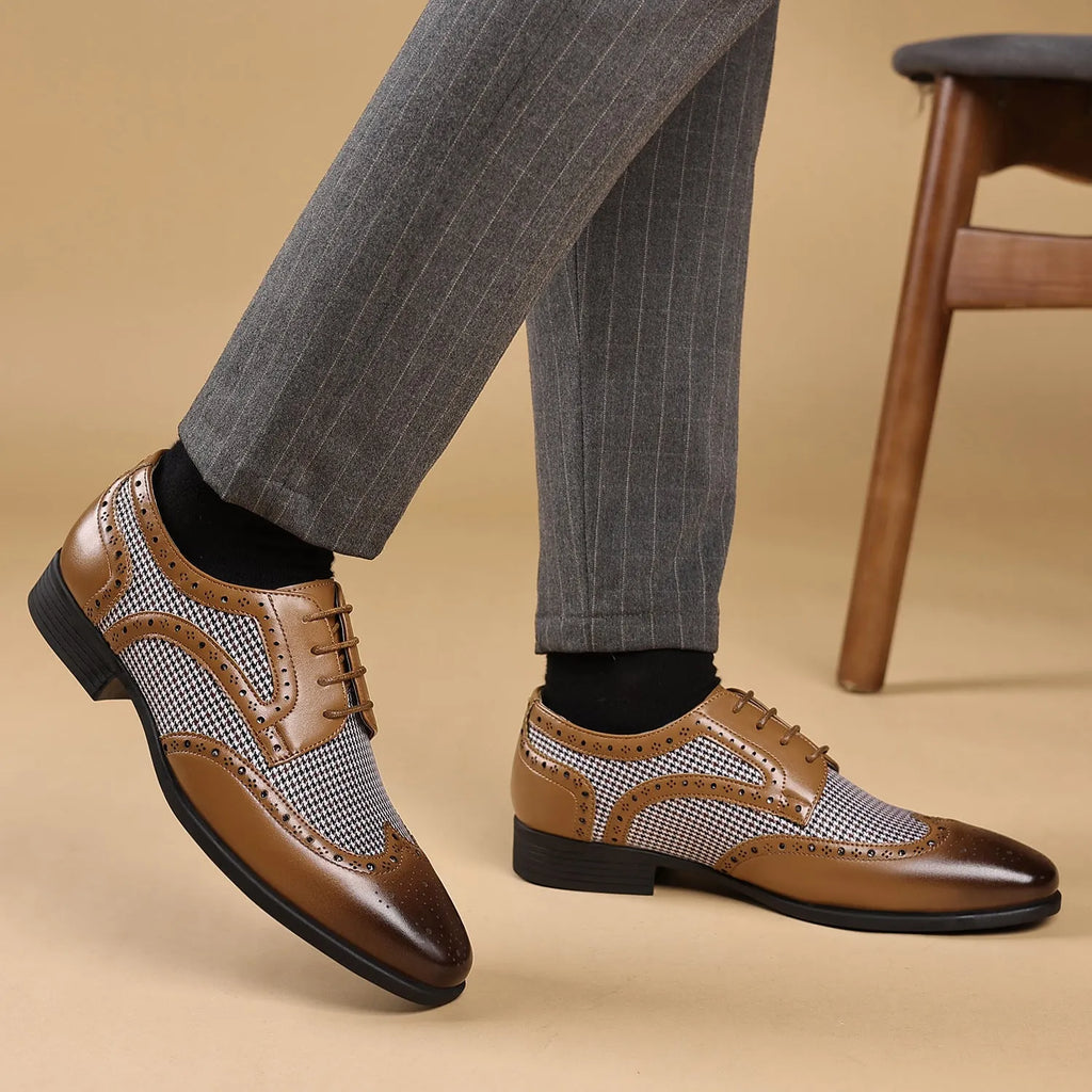 Men's black houndstooth check casual shoes with square toe and lace-up front.