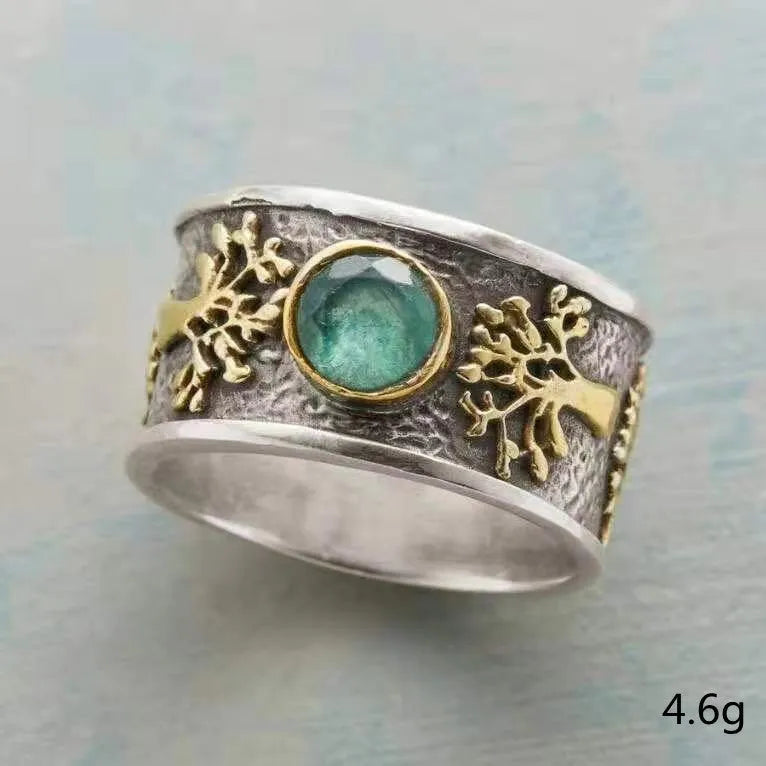 Light green vintage alloy ring with constellation modelling and geometric design featuring artificial gemstone inlays