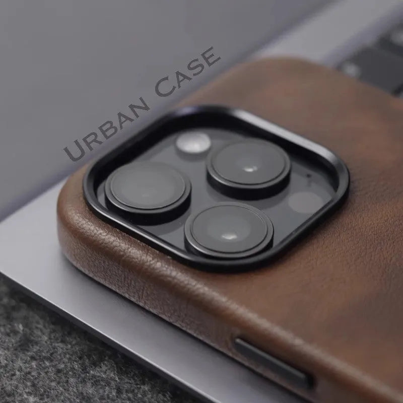 Genuine leather magnetic phone case for iPhone 12–16 series, brown colour, hard case shell