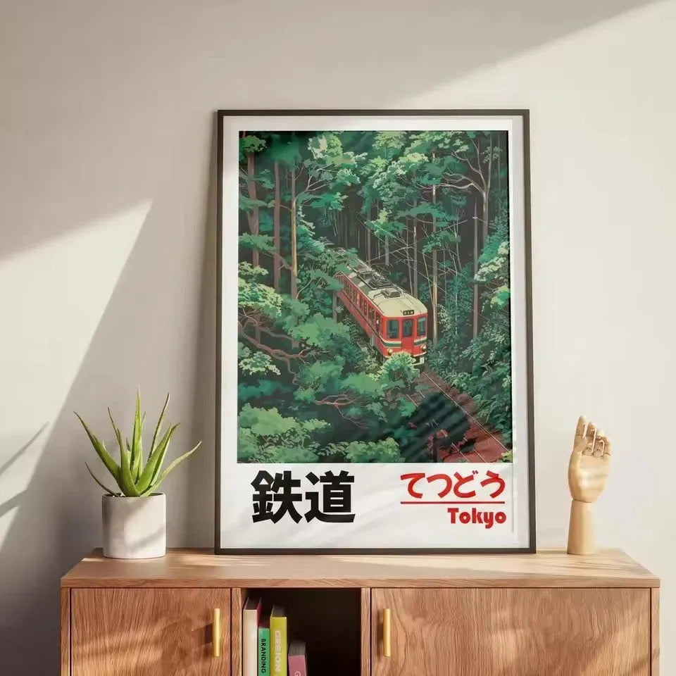 Retro Japanese railway landscape canvas print in Nordic style, unframed painting core