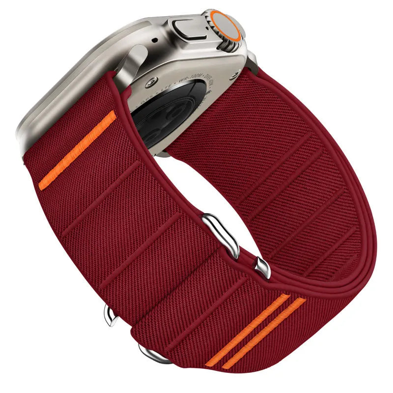 Elastic nylon Apple Watch replacement band with stainless steel buckle in Army Green colour