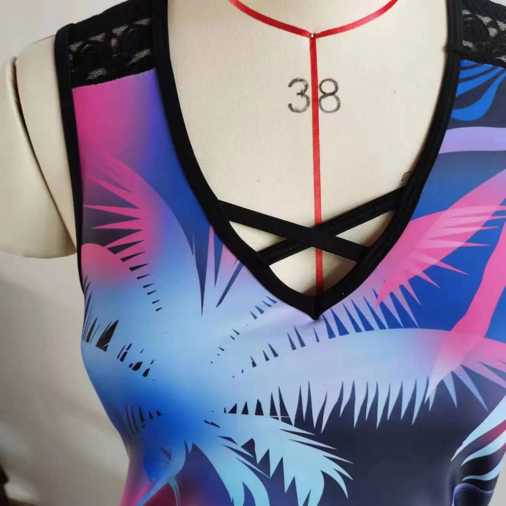 Women's floral printed lace two-piece swimsuit with matching top and shorts for swimming