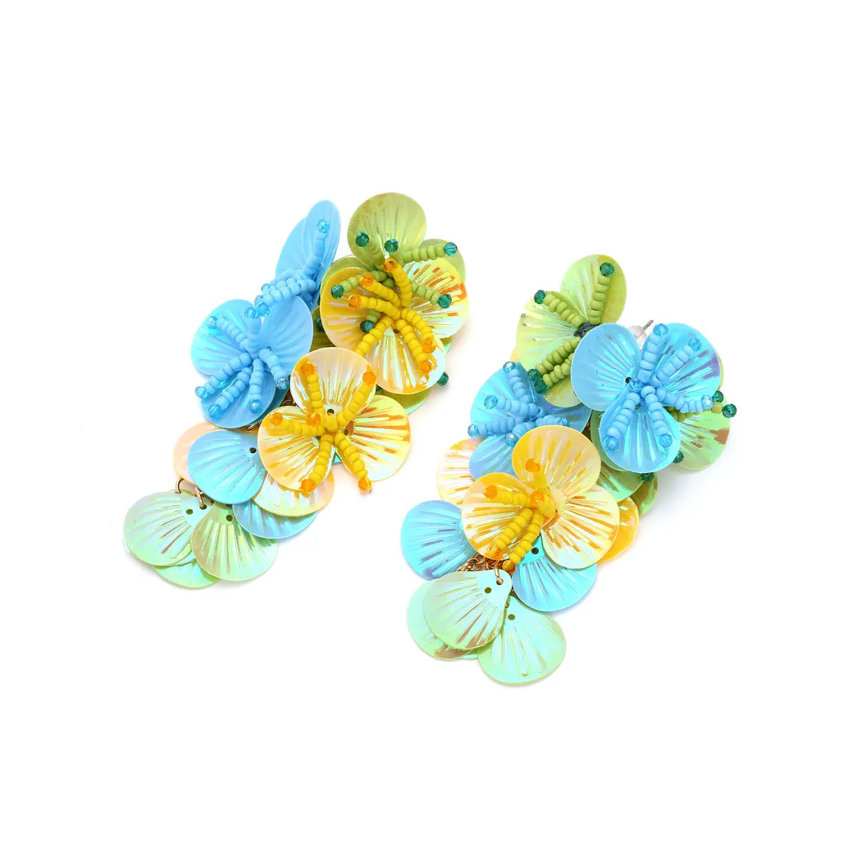 Colourful handmade flower earrings with string beads in rose and purple colour options
