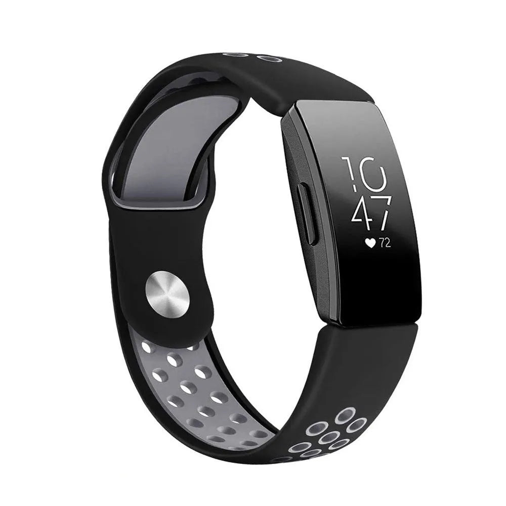 Two-colour breathable hole silicone watch strap in black and gray on a white background