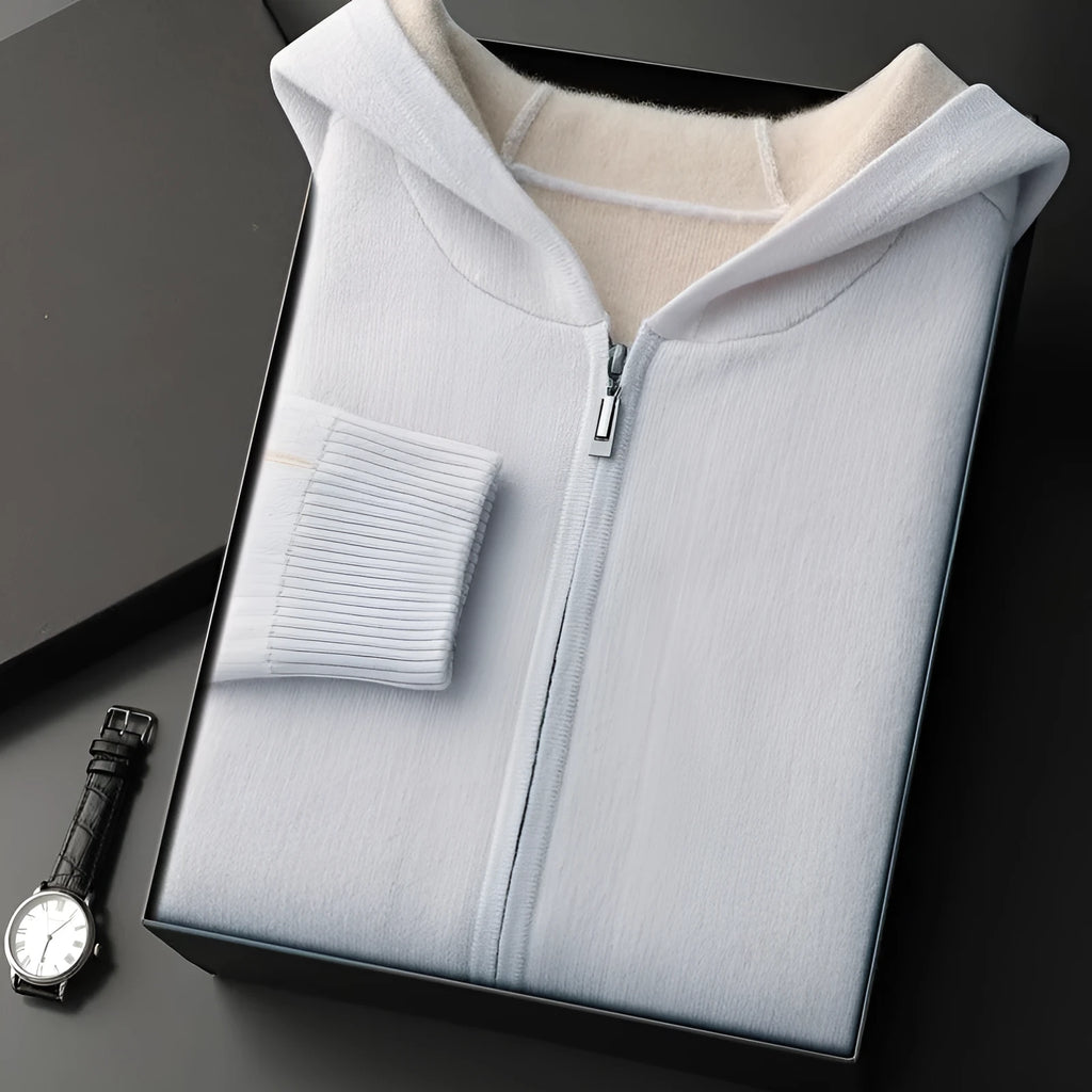 Men's dark blue cashmere zip-front cardigan sweater with half-high collar in loose fit