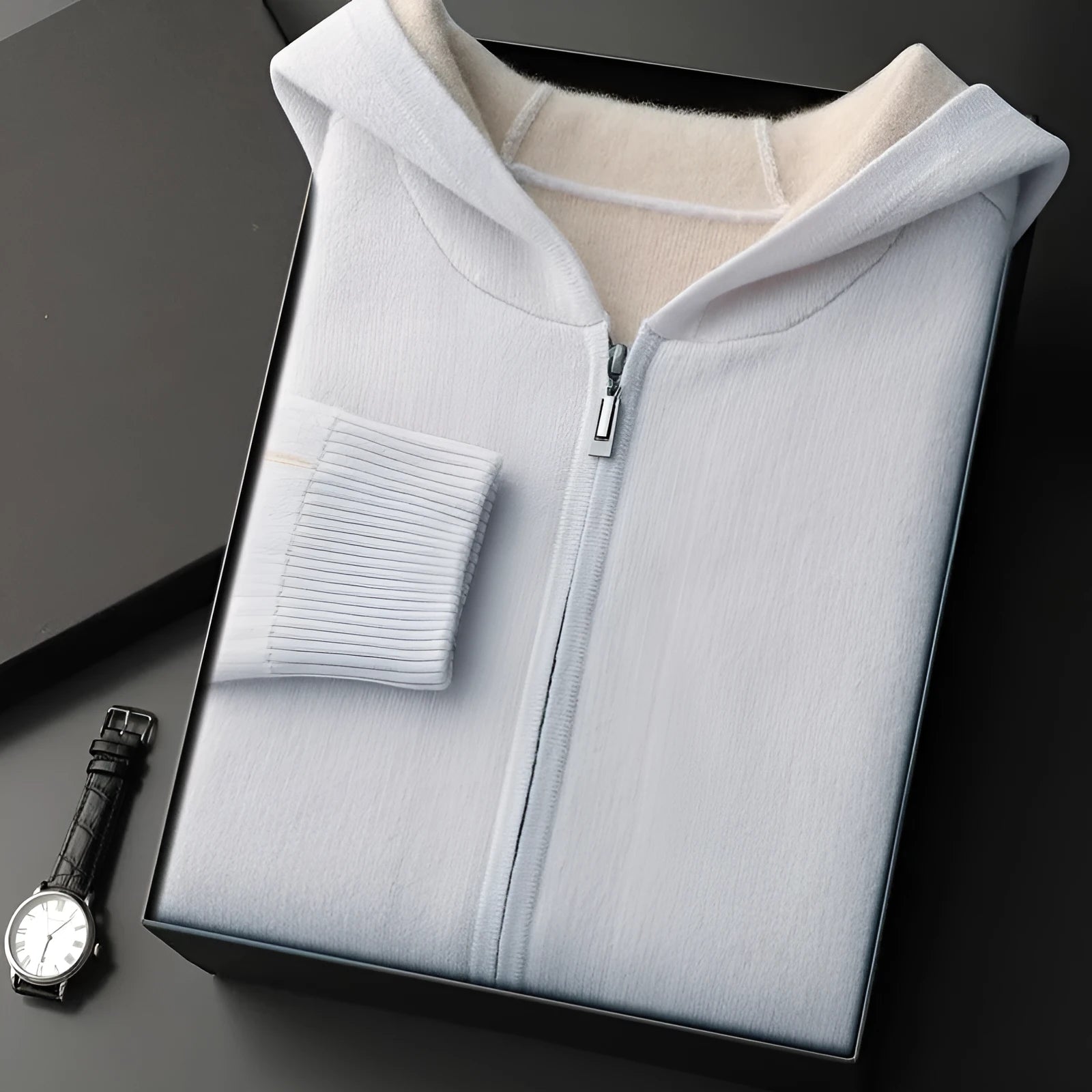 Men's dark blue cashmere zip-front cardigan sweater with half-high collar in loose fit