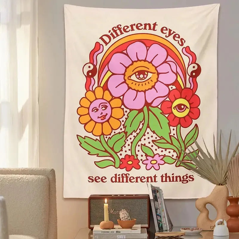 Bohemian floral pattern woven polyester tapestry rectangular wall hanging Nordic style