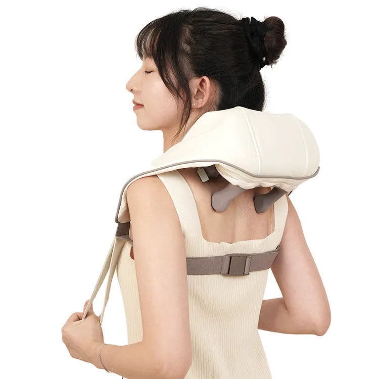 Blue shoulder-back neck multifunctional massage instrument with USB charging port and temperature control panel, 130cm length