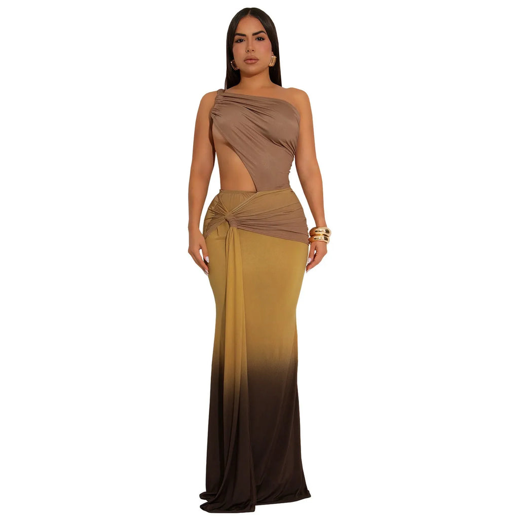Women's gradient colour cross-shoulder sleeveless dress with a long skirt, shown in brown.