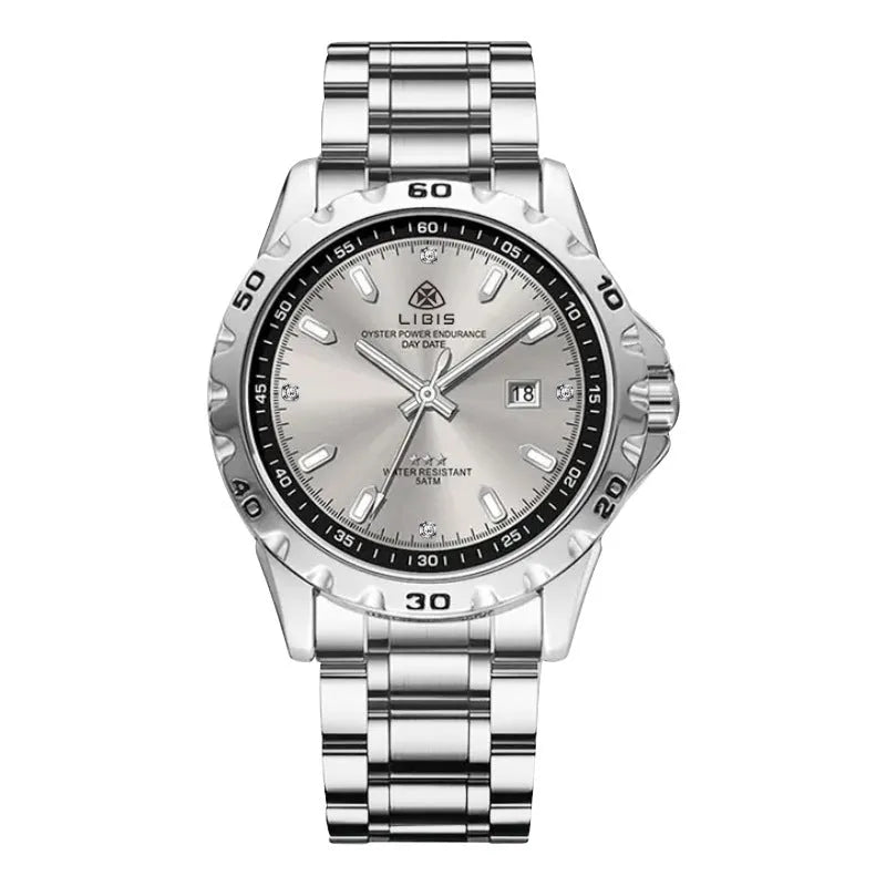 Men's silver stainless steel business watch with luminous hands and sapphire glass.