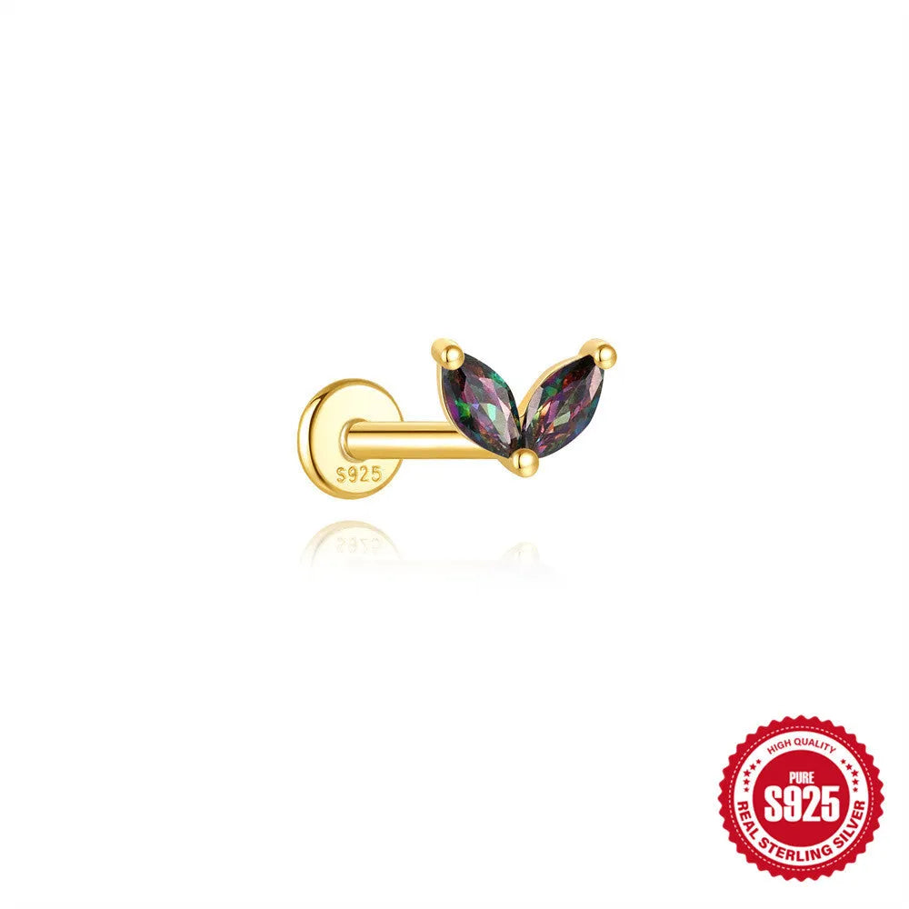 S925 sterling silver flat head thread piercing earring with a super shiny rainbow stone in a gold colour.
