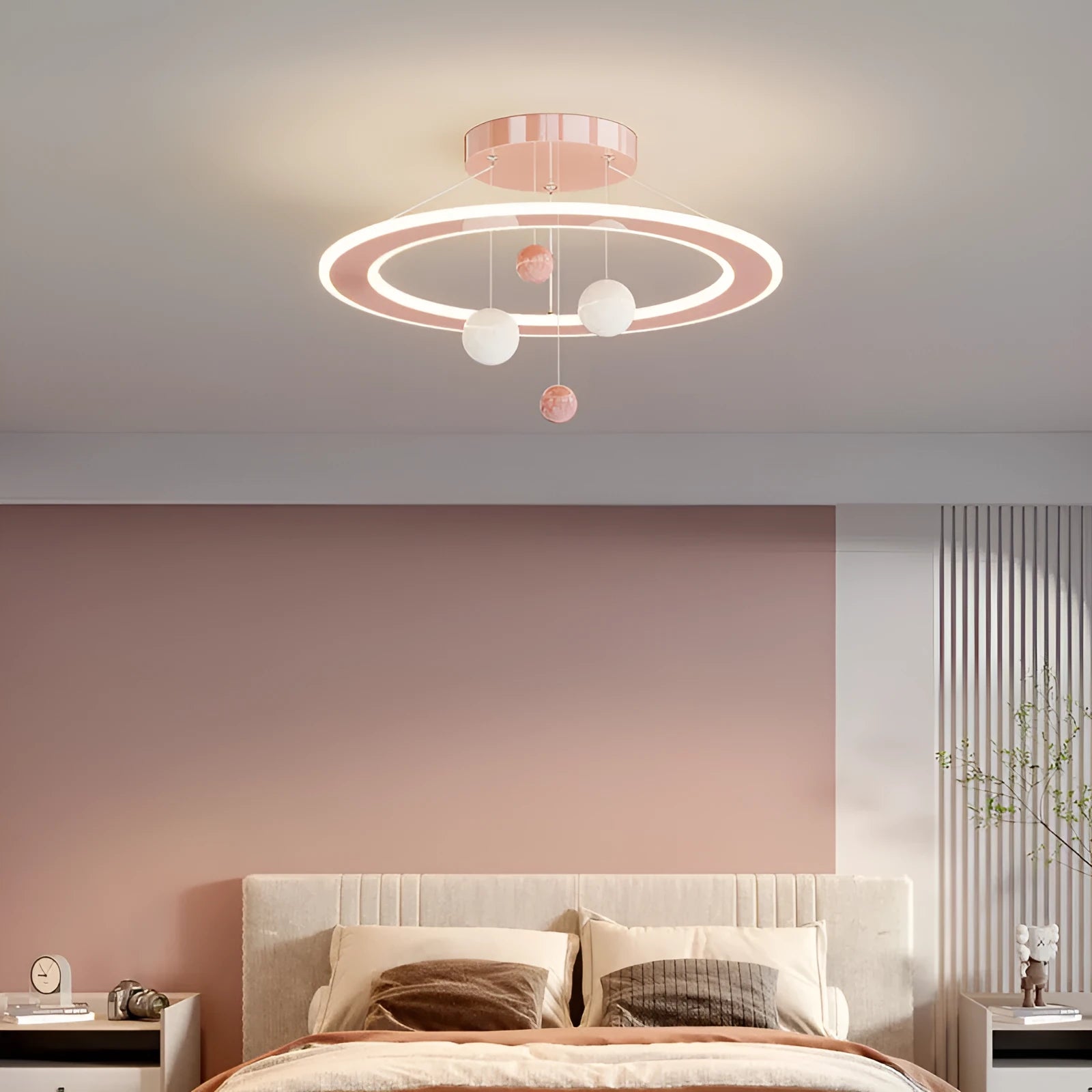Modern children's bedroom chandelier with dimmable white and pink light options