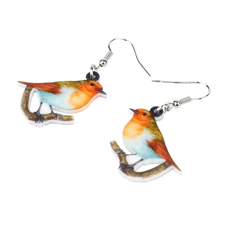 Blue titmouse and geometric snake design on lightweight acrylic drop earrings