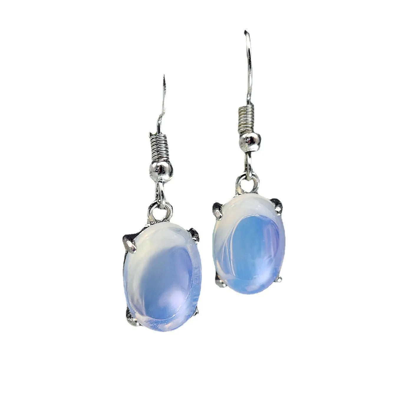 A pair of opal drop earrings with a retro moonstone design and electroplated alloy finish in a moonlight white colour.