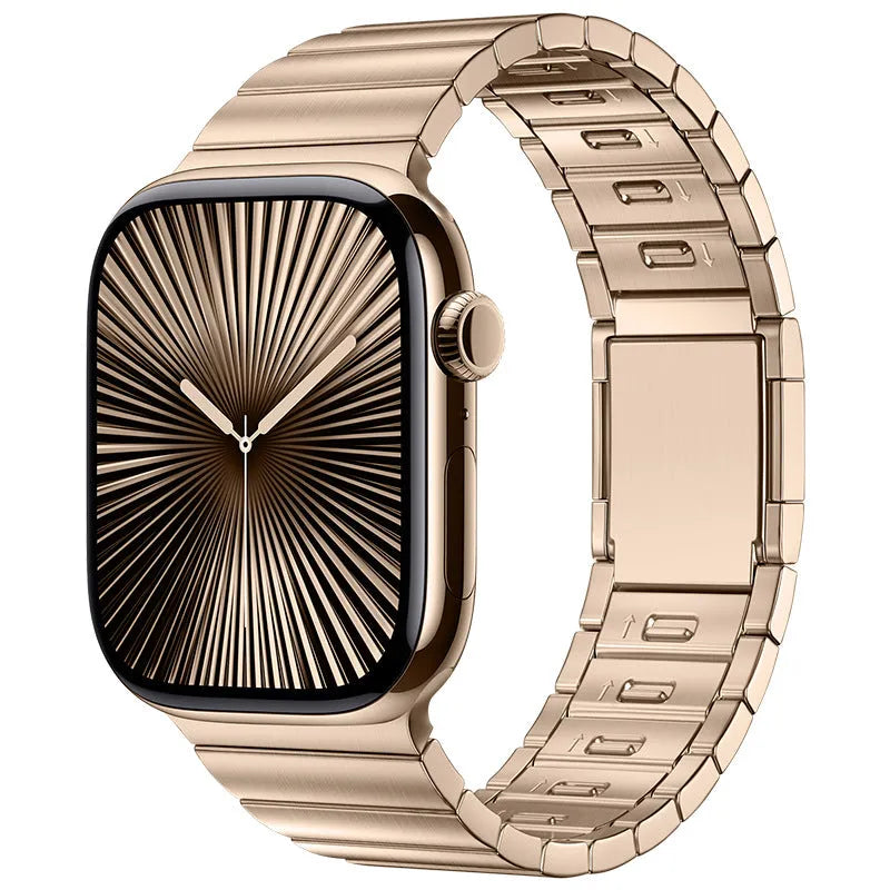 Stainless steel Apple Watch strap with magnetic clasp in silver, black, titanium, or gold colour options