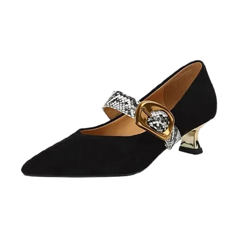 Women's black French pointed toe stiletto heels with buckle fastening and 3-5cm heel
