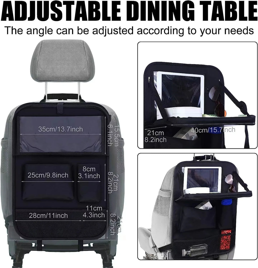 Black Oxford cloth car seat back buggy bag measuring 42x30cm hanging behind headrest