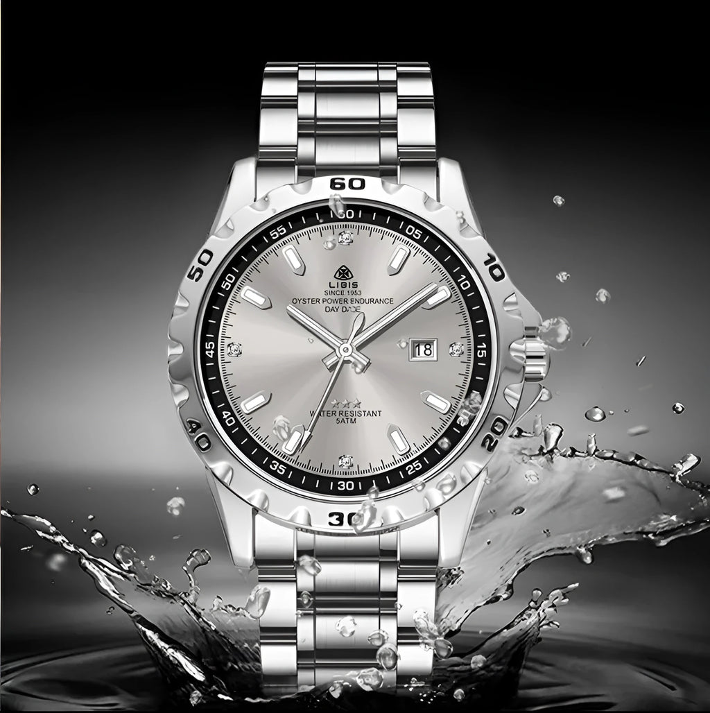 Men's silver stainless steel business watch with luminous hands and sapphire glass.