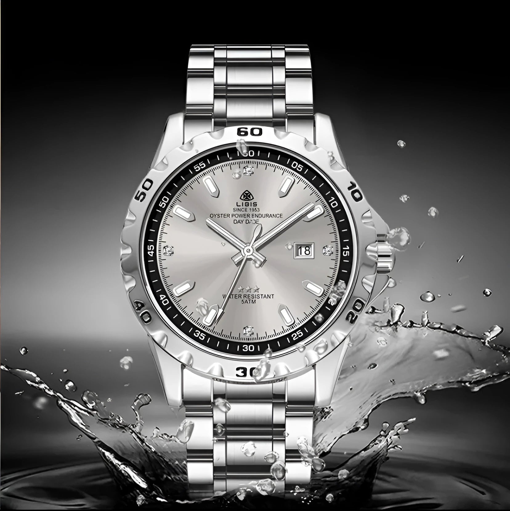Men's silver stainless steel business watch with luminous hands and sapphire glass.