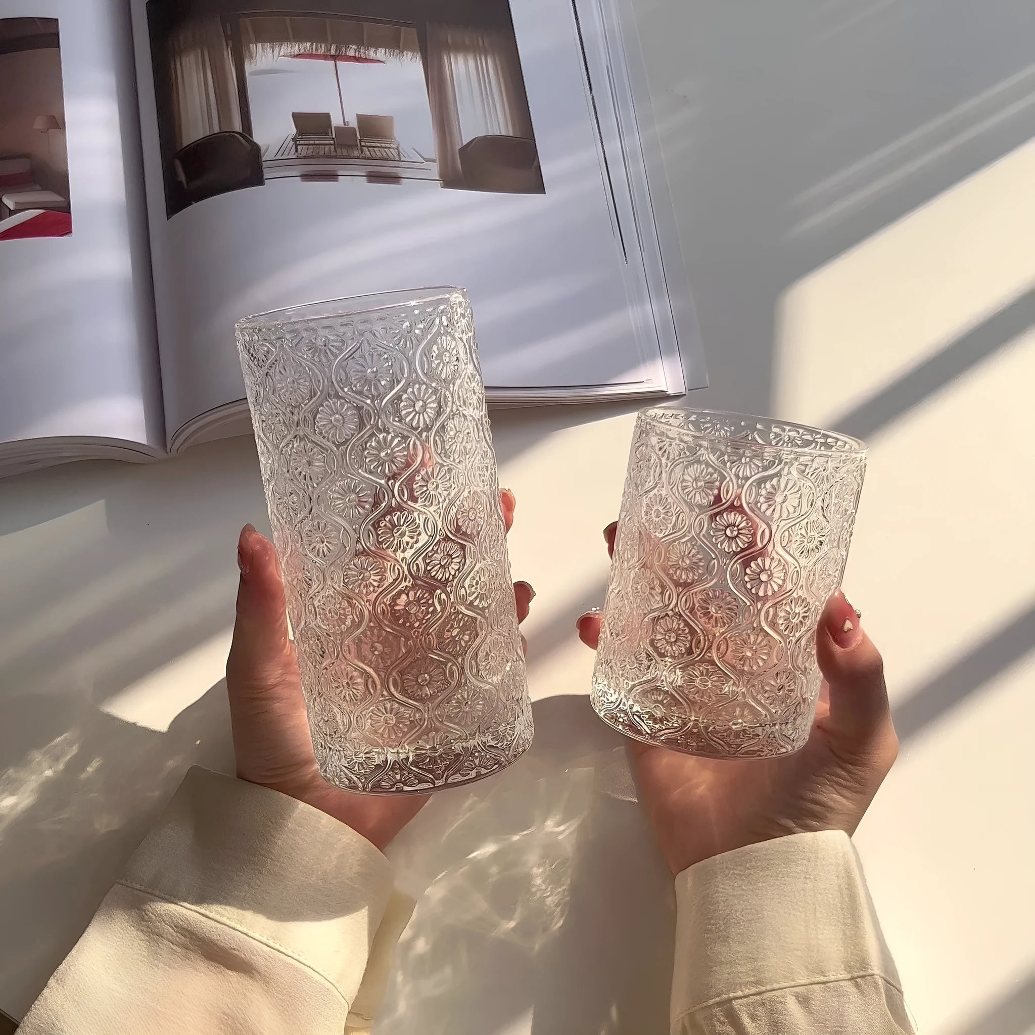 Carved begonia pattern glass water cup in solid colour showing 380ml high model and 250ml short version