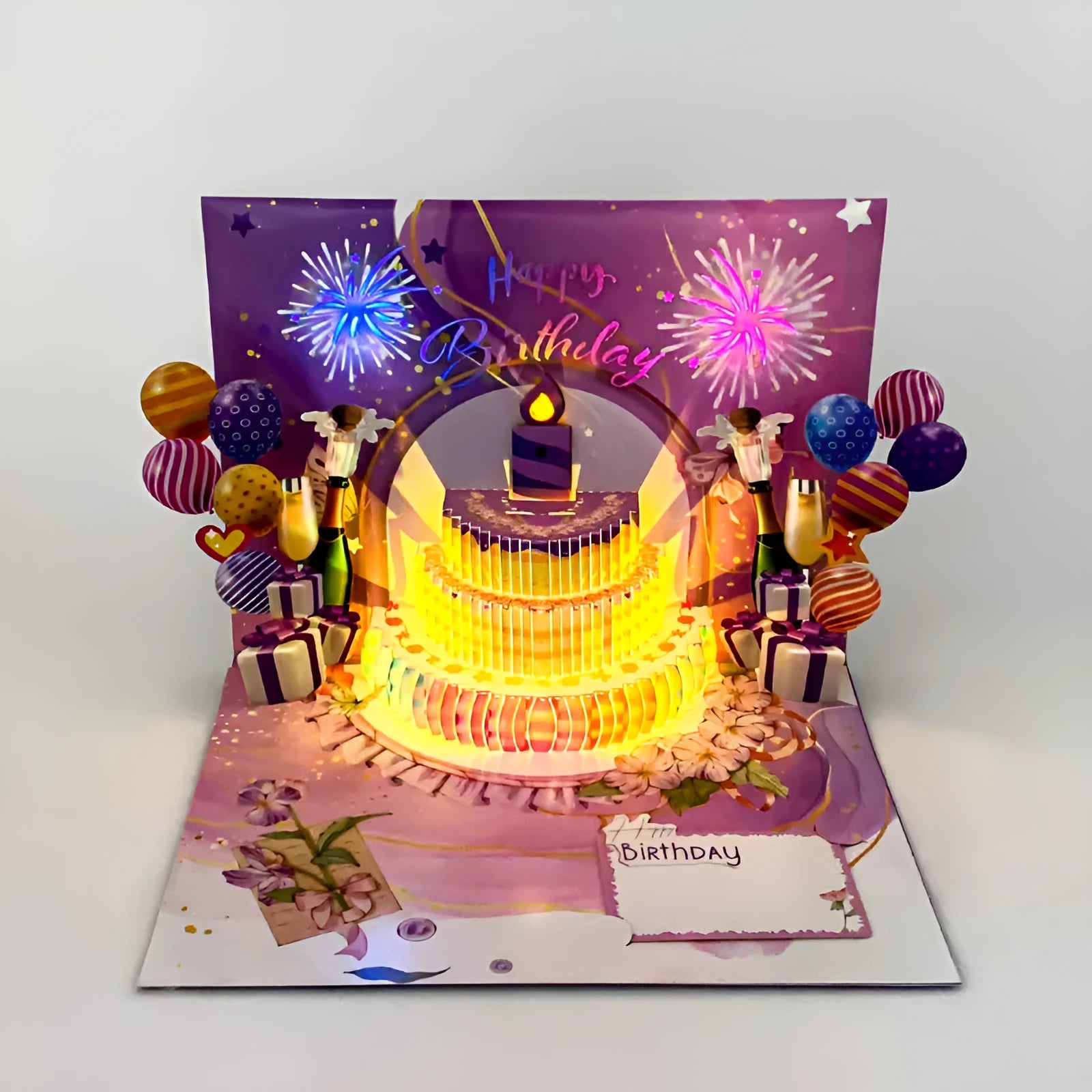 Chinese ink style 3D blowing cake greeting card with light music elements, manual folding construction