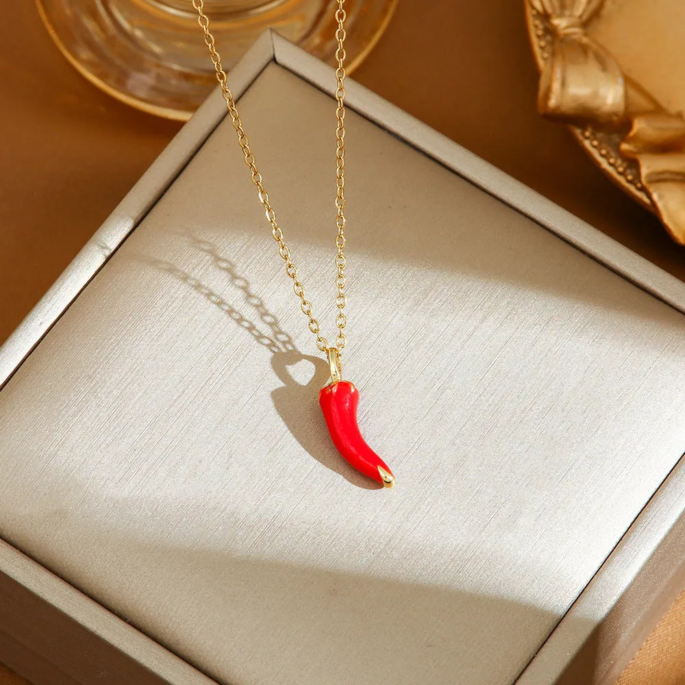 Delicate indie necklace with a cherry, strawberry, or pepper pendant on a titanium steel O-ring chain.
