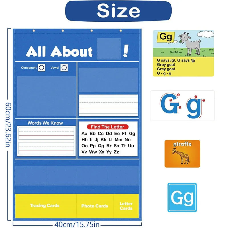 Alphabet learning sleeve table chart with word, letter, and picture cards for toddlers.