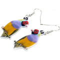 Blue titmouse and geometric snake design on lightweight acrylic drop earrings