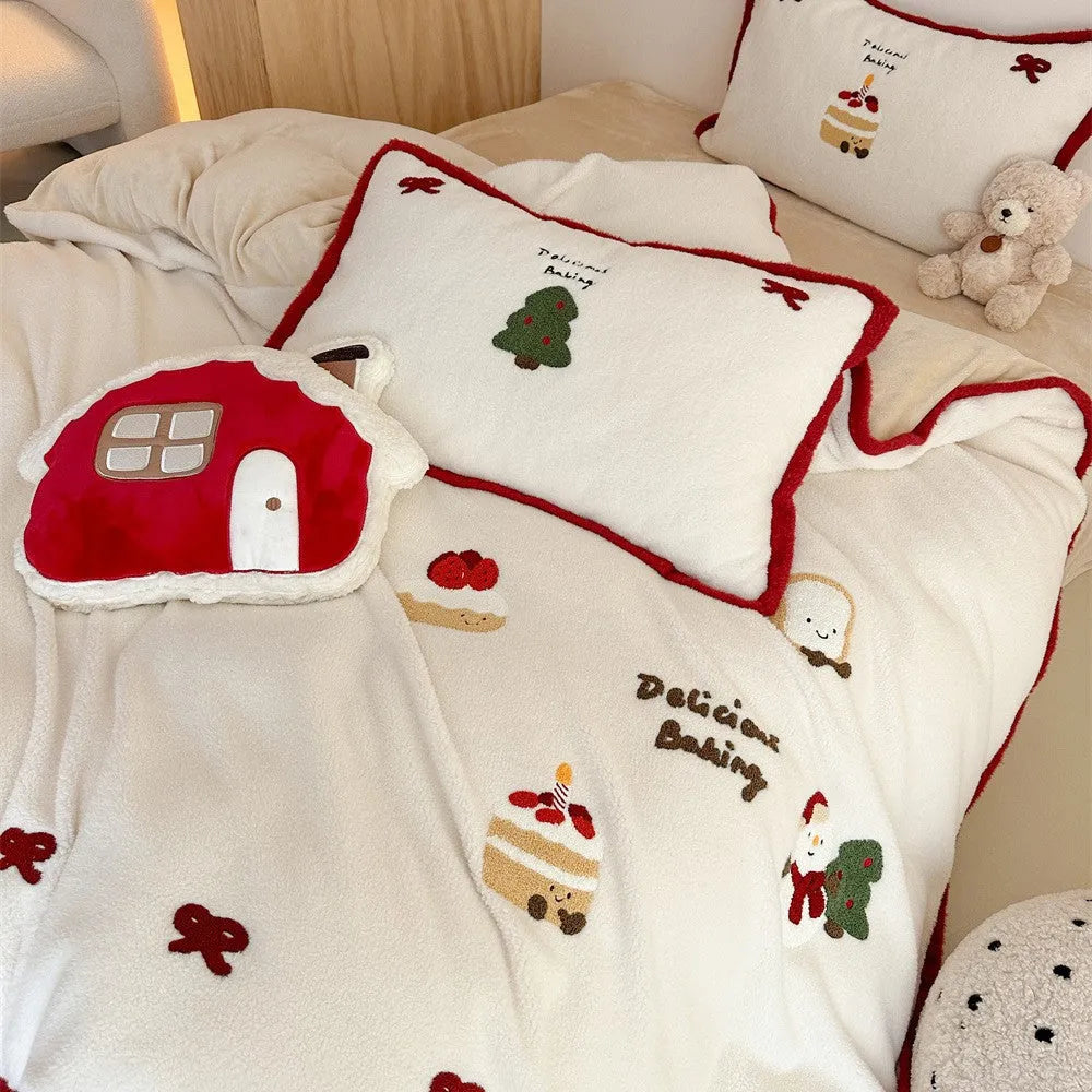 Winter Christmas themed bedding four-piece set with heart cartoon designs on thickened cashmere polyester fabric