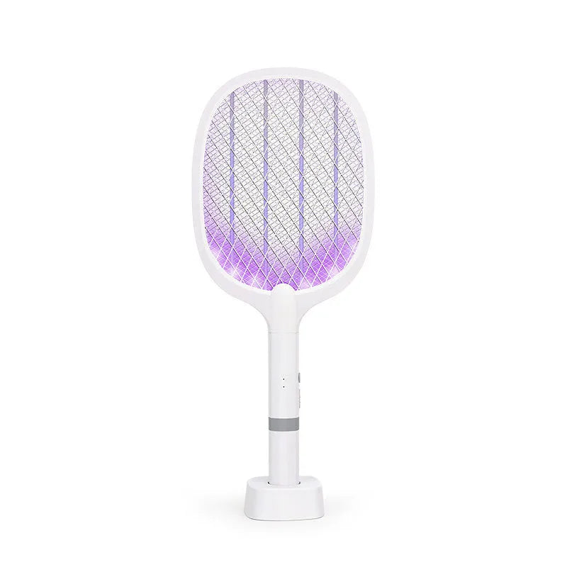 Blue and purple rechargeable electric mosquito swatter with plastic shell and metal grid.
