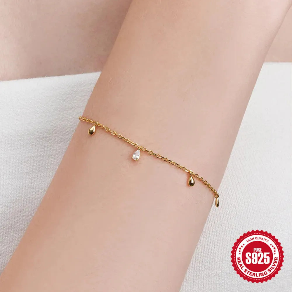 S925 sterling silver bracelet with water drop diamond pendant in gold colour