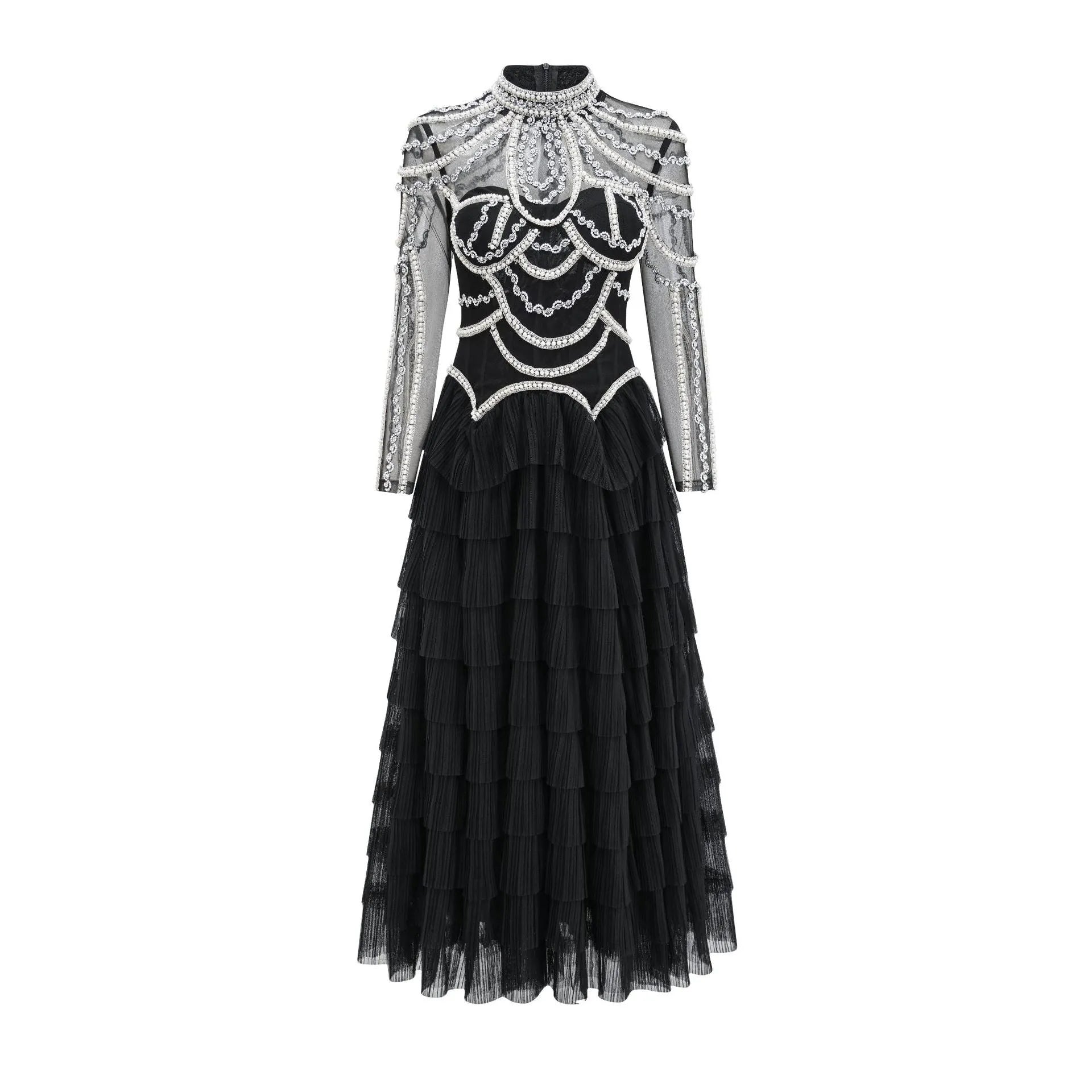 Women's black beaded long sleeve dress with mid-waist design and full-length skirt