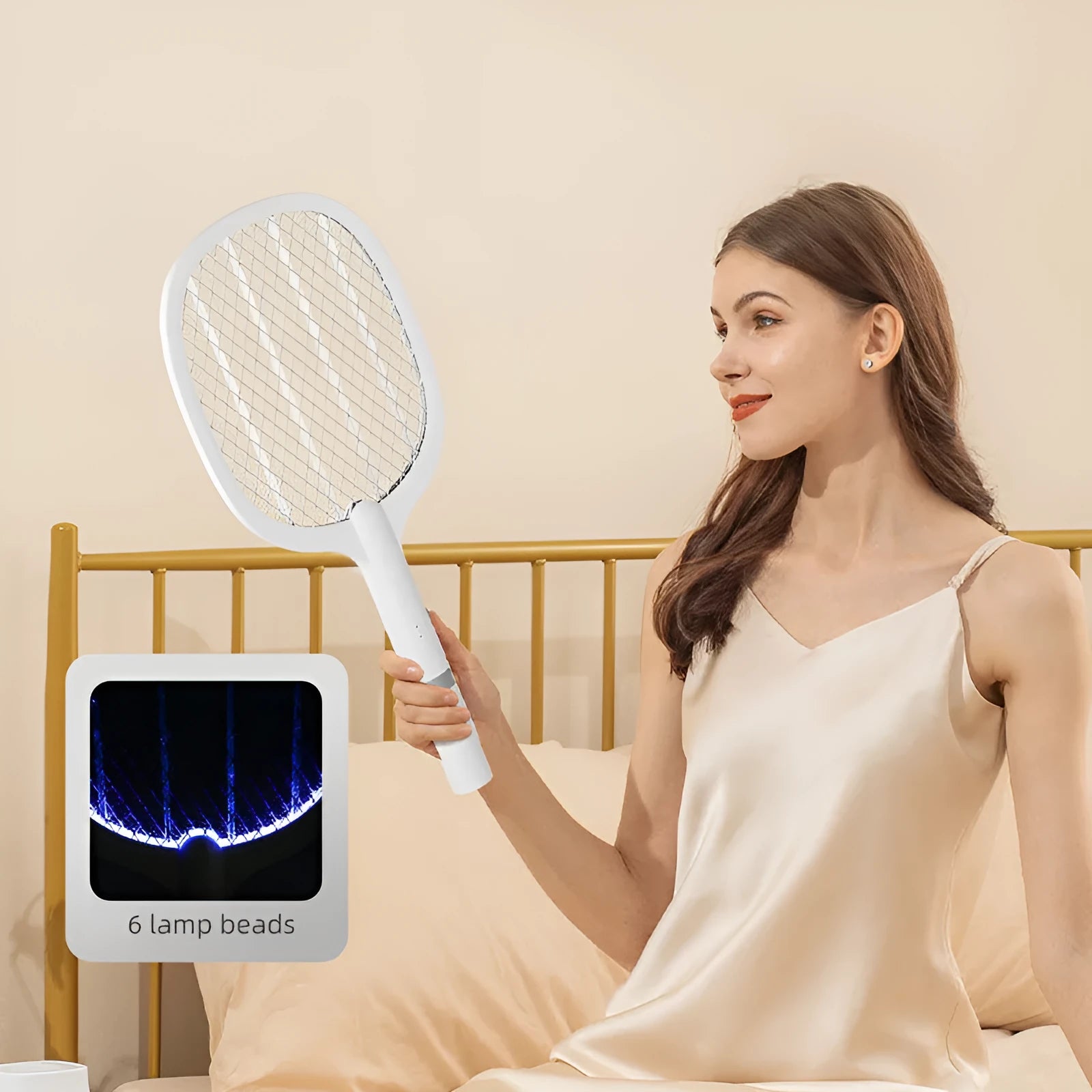 Blue and purple rechargeable electric mosquito swatter with plastic shell and metal grid.