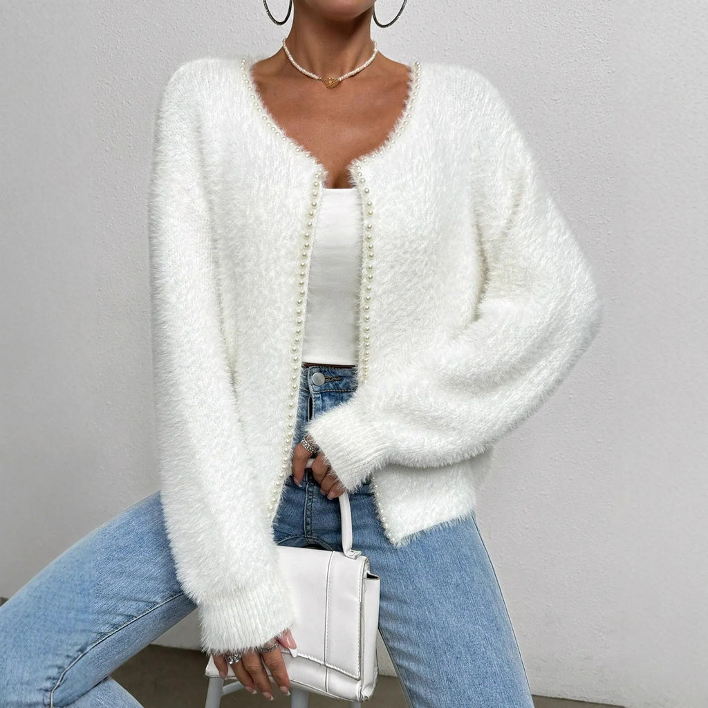White women's V-neck cardigan sweater with medium thickness and normal length