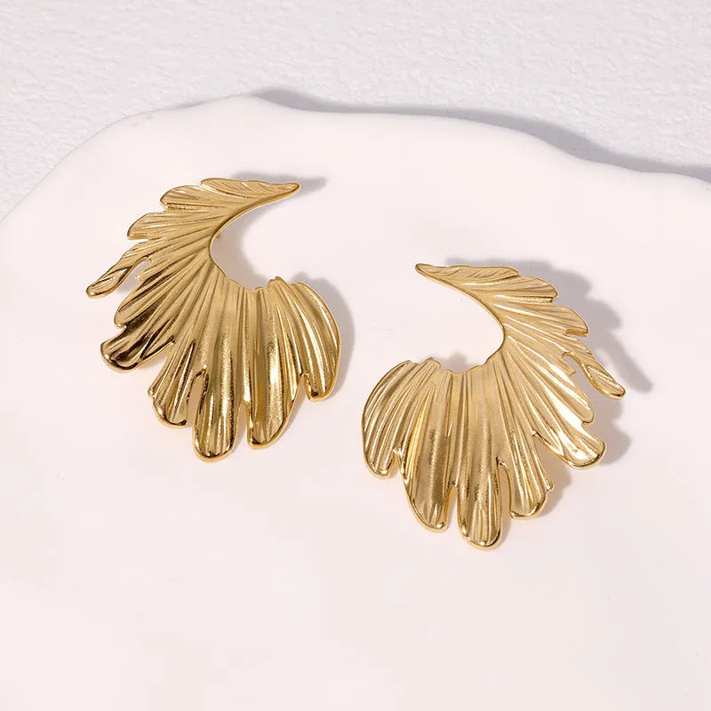 Stainless steel stud earrings with leaf design in gold and steel colour options
