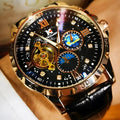 Automatic mechanical watch with large hollow dial and black leather strap on rose gold case