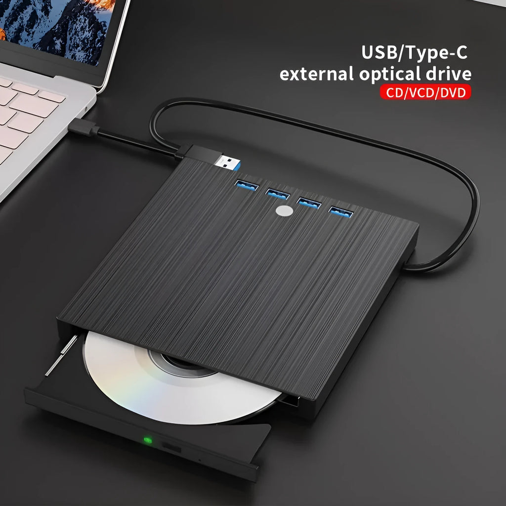 Black external DVD burner with TYPE-C USB cable and tray loading slot on a desk