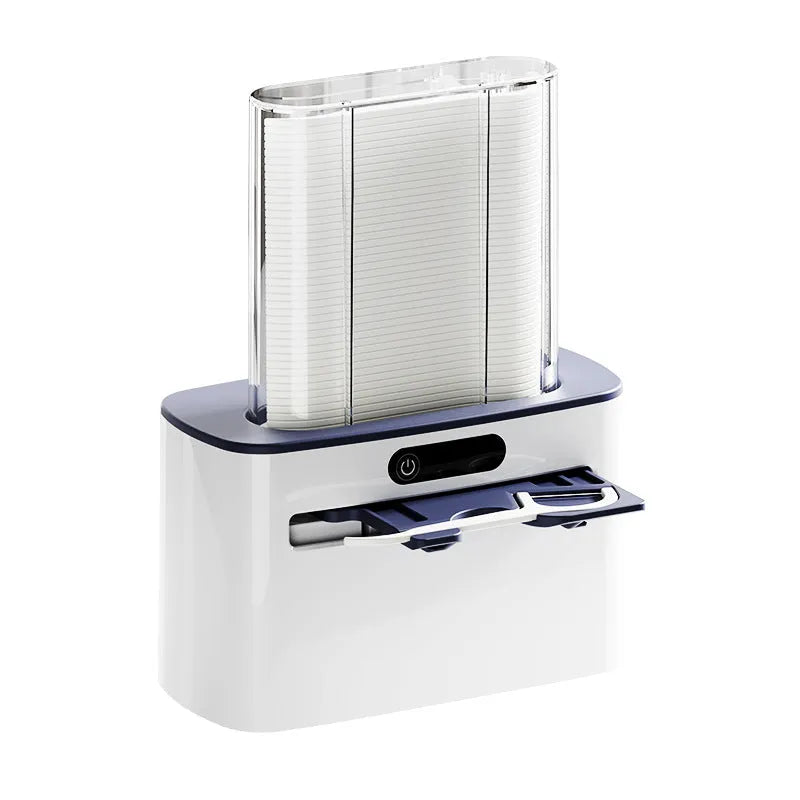 Dark gray automatic dental floss box with USB charging port and pop-up floss dispenser.