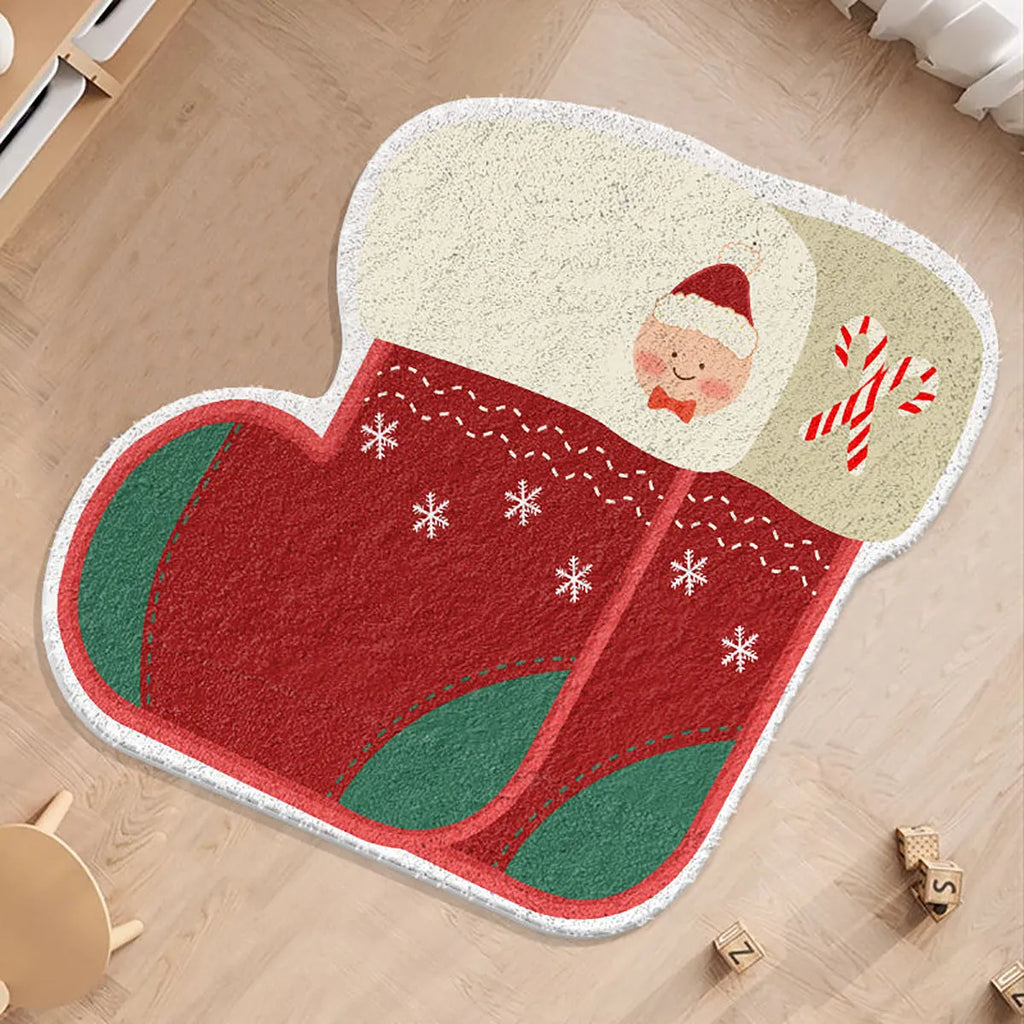 Round green Christmas carpet with alien shape design, soft imitation cashmere material, festive floor mat.