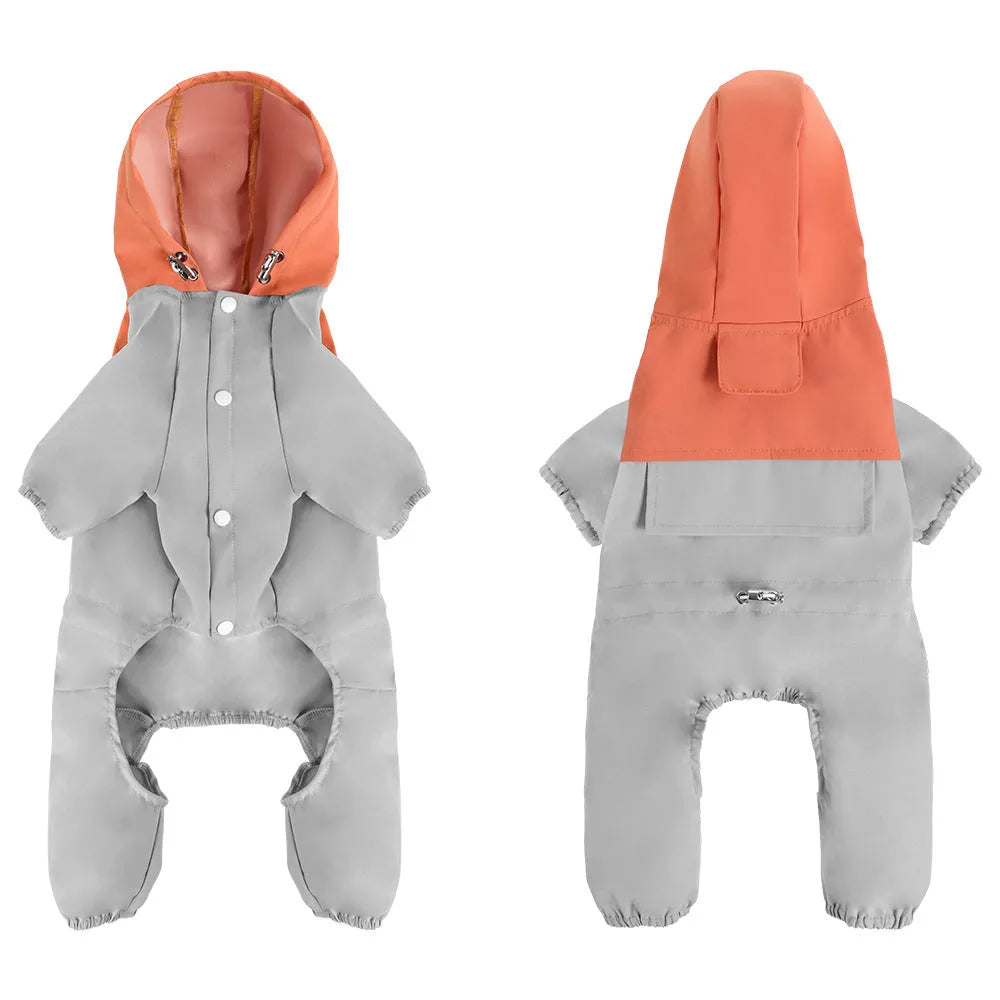 Khaki coloured waterproof dog coat with hood on a small dog, showing full-length front zip.