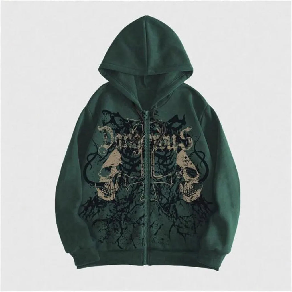 Men's black hooded sweatshirt with white skull hot stamping print, Harajuku style pullover