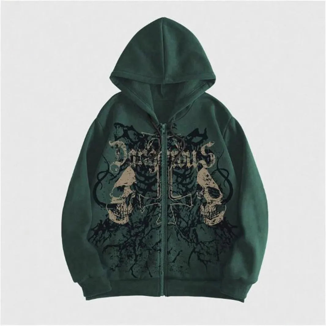 Men's black hooded sweatshirt with white skull hot stamping print, Harajuku style pullover