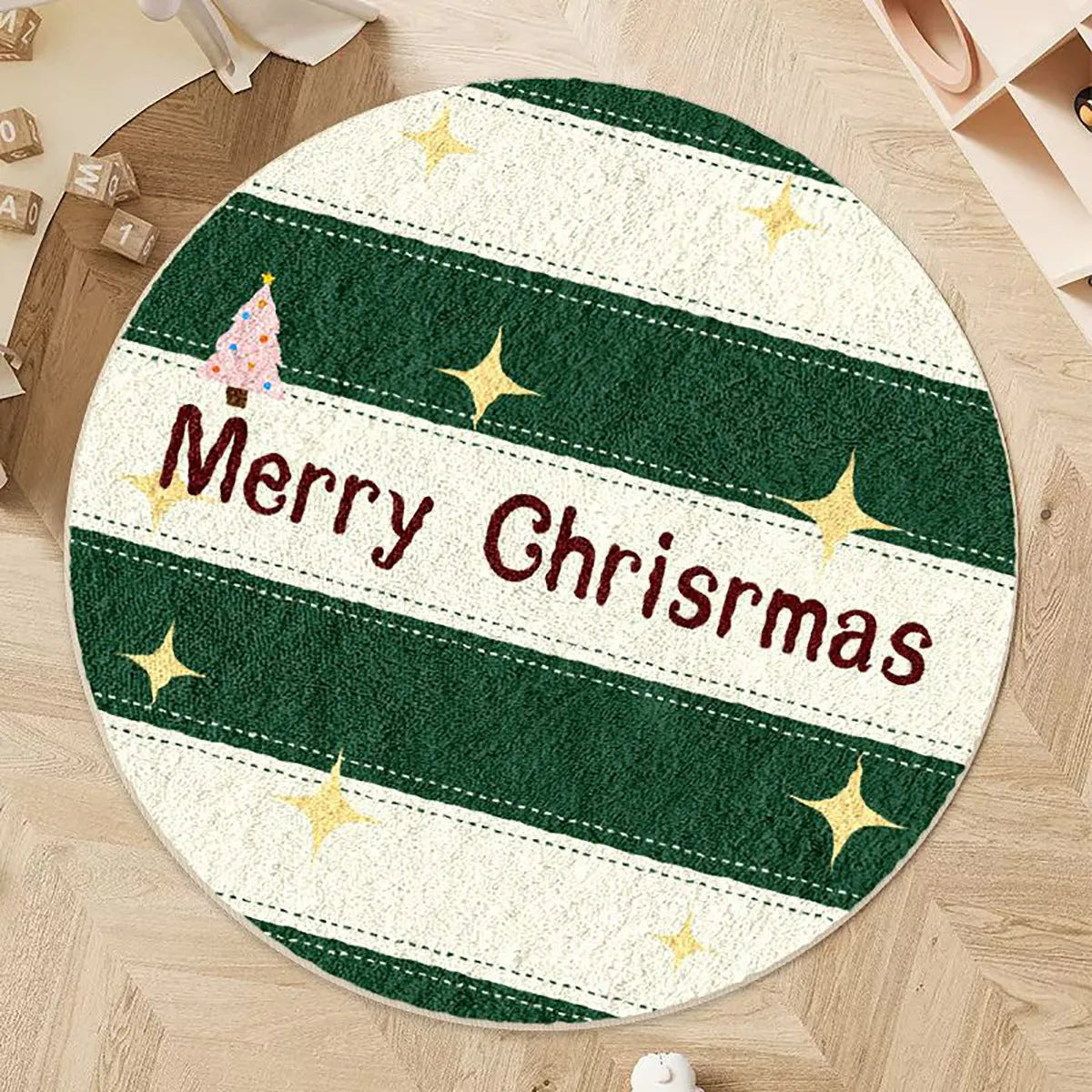 Round green Christmas carpet with alien shape design, soft imitation cashmere material, festive floor mat.