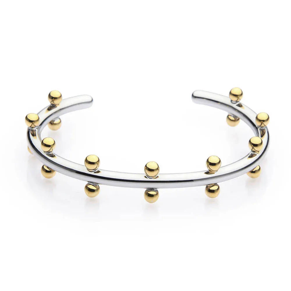 Stainless steel C-shaped bean bead with rivet texture in gold and steel colours for bracelet making.