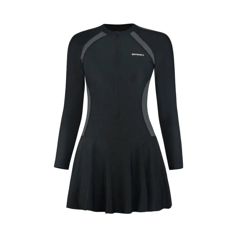 Plus size women's one-piece quick-drying swimsuit in black gray solid colour with spandex lining.
