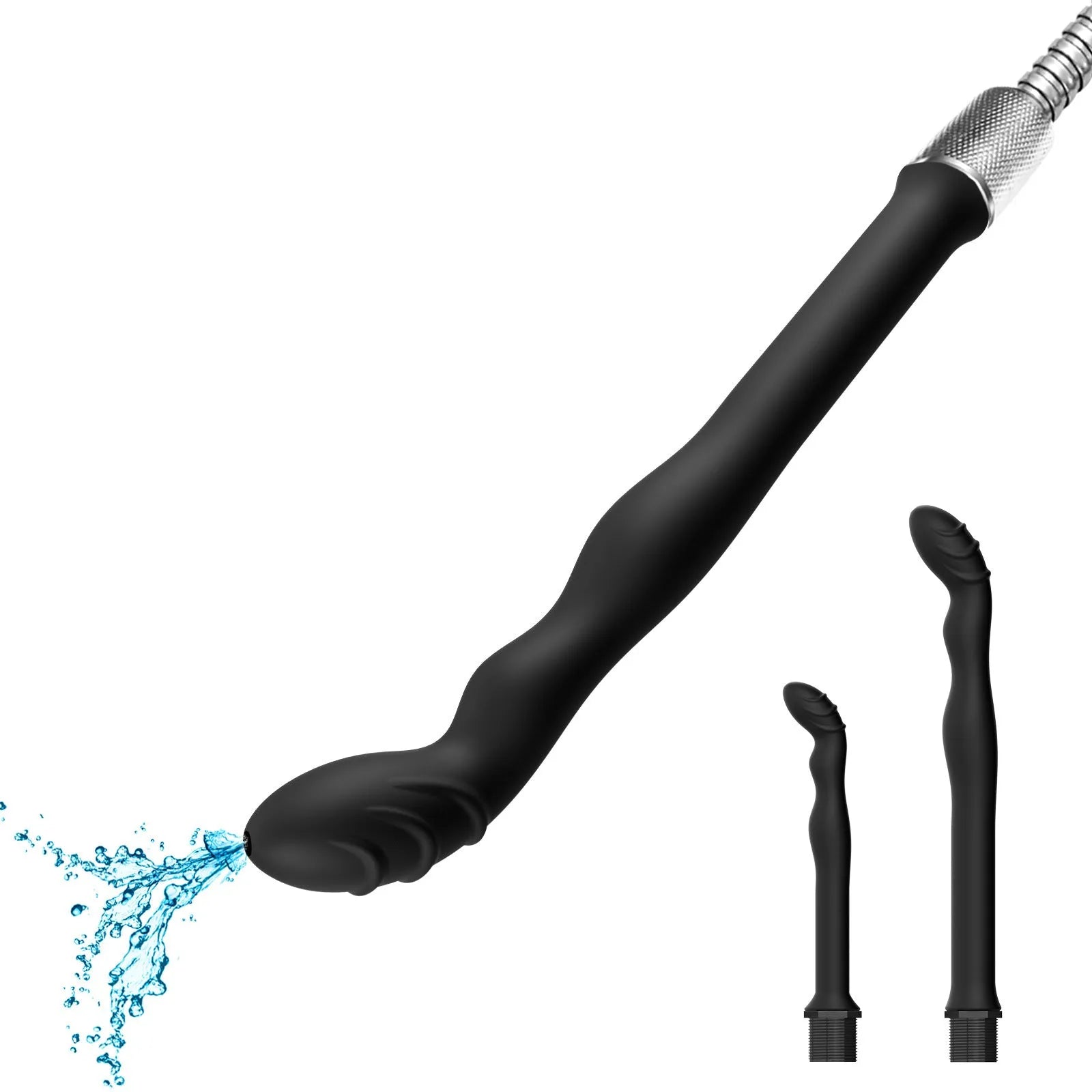 Black silicone hosepipe flusher enema kit with connector, shown in large and small size options.
