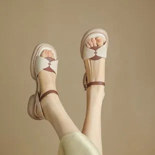 Women's chunky heel platform open toe sandals in khaki renewable leather