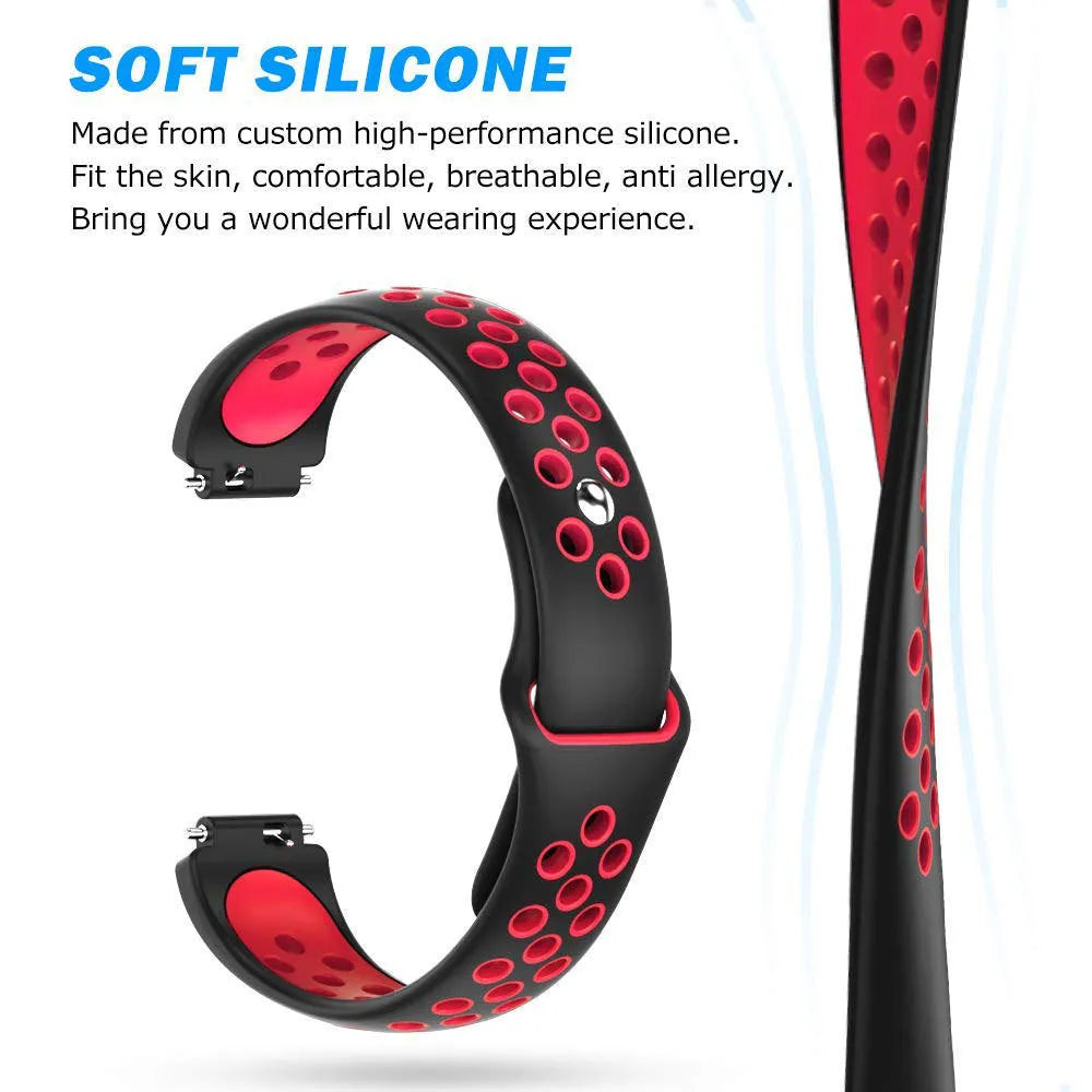 Two-colour breathable hole silicone watch strap in black and gray on a white background