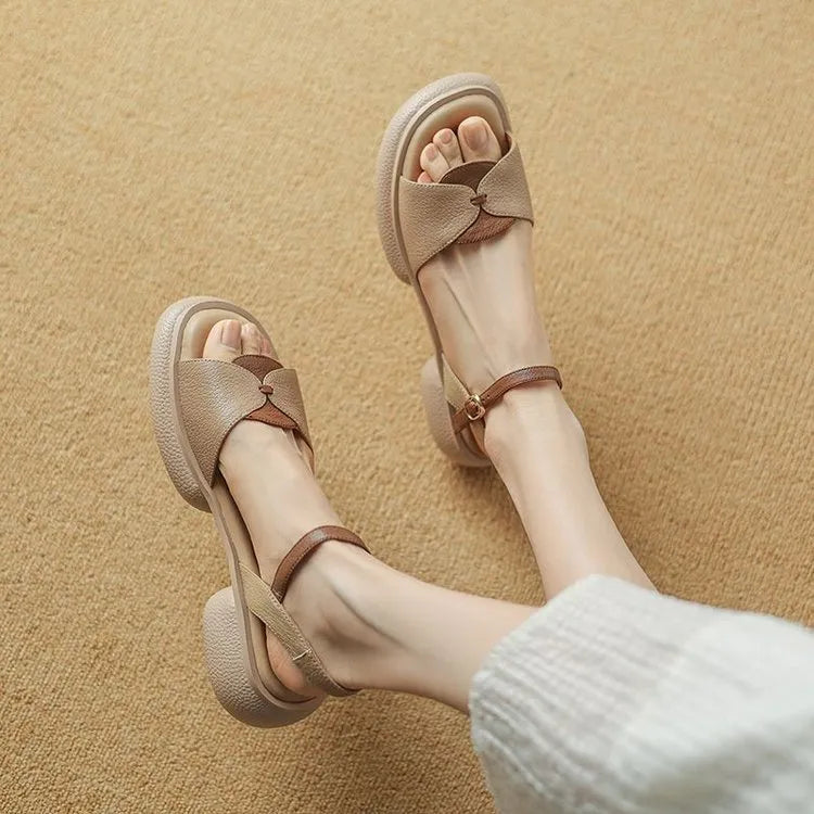 Women's chunky heel platform open toe sandals in khaki renewable leather